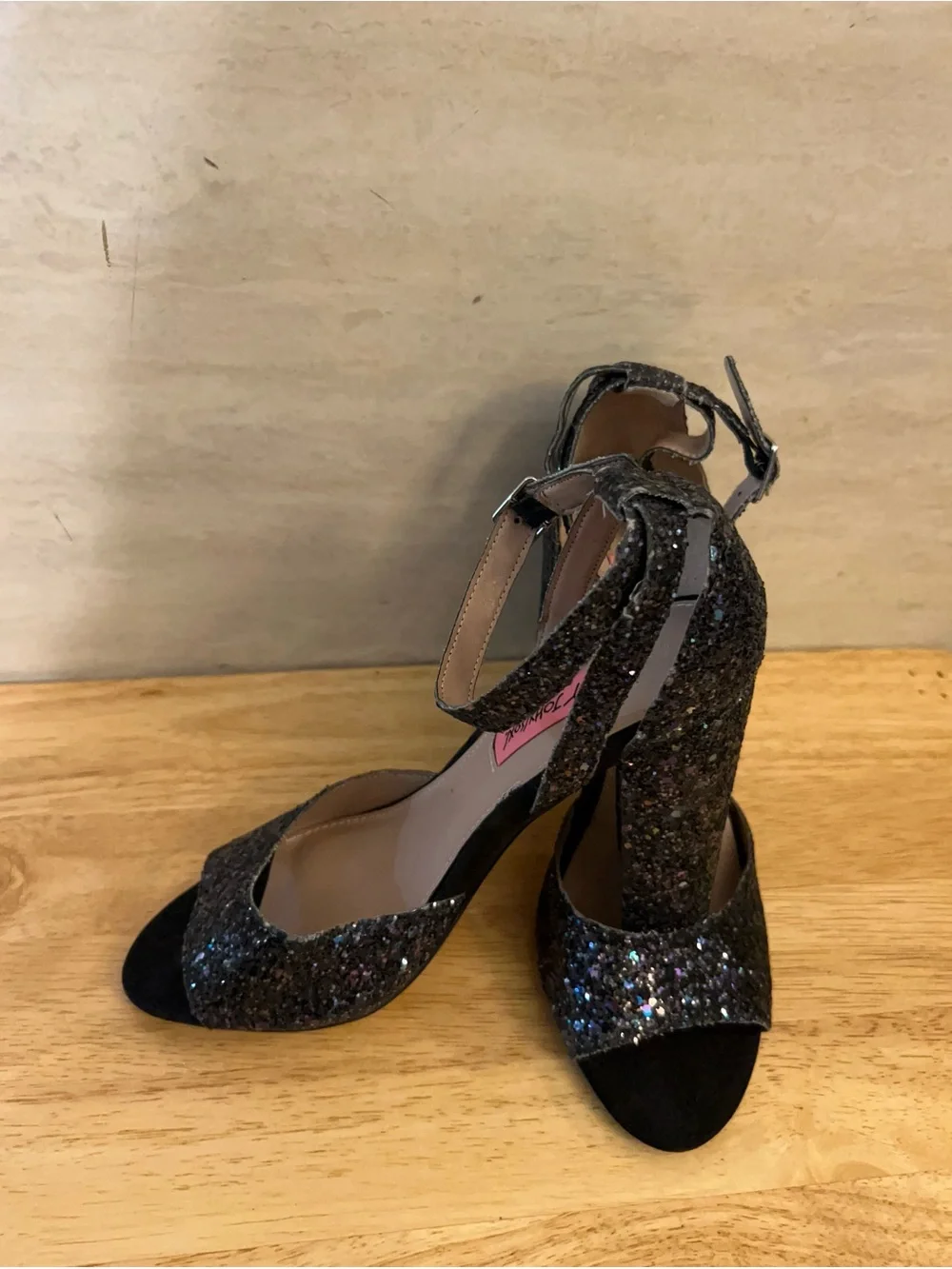 Betsey Johnson Glissten Black Glitter Ankle Strap Sandals.